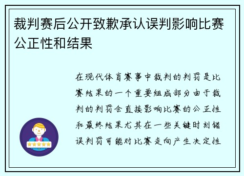 裁判赛后公开致歉承认误判影响比赛公正性和结果
